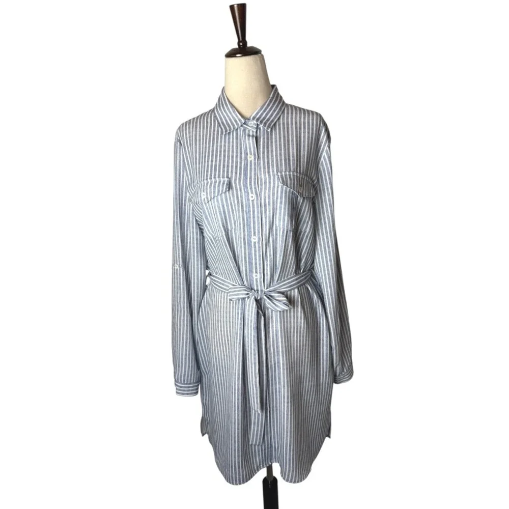 Joy‎ Joy Dress Women Large Blue White Striped Button Front Tie Waist Shirt NWT